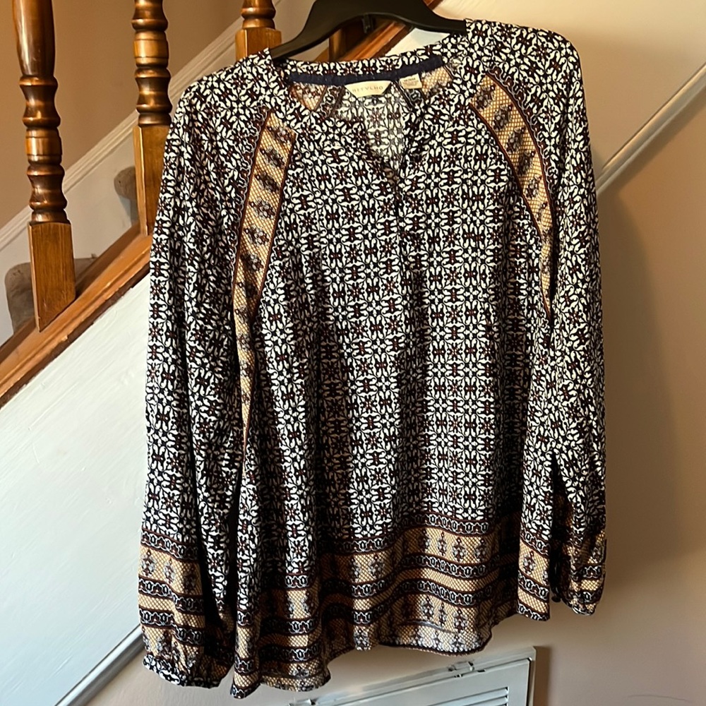 Anthropologie Black and Cream Printed Boho Blouse